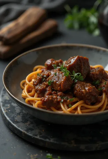 Ragu av oksekjake servert med pasta