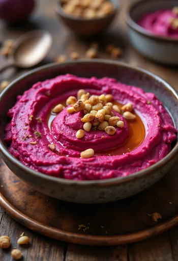 Rødbetehummus pyntet med frisk persille