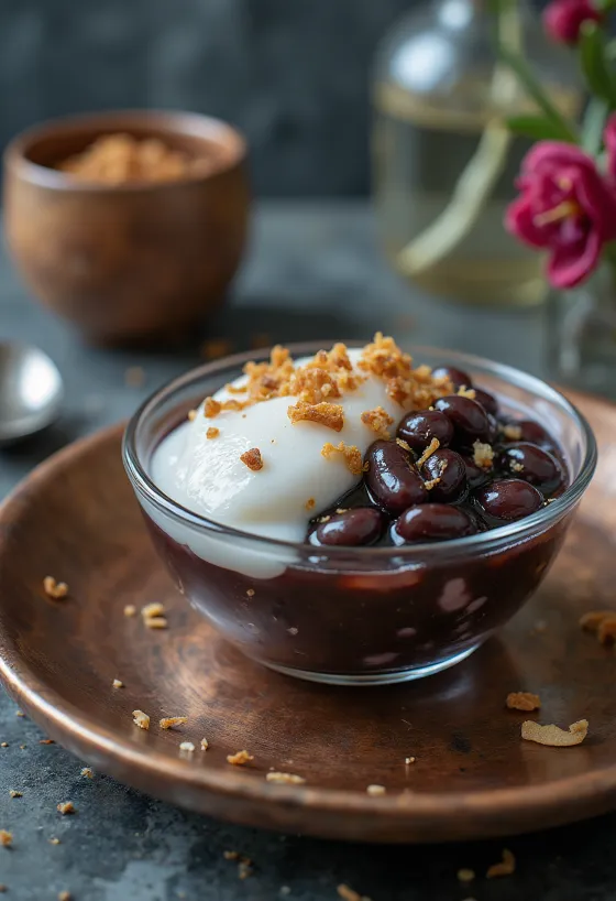 Chè med svarte bønner, servert med kokosmelk og is
