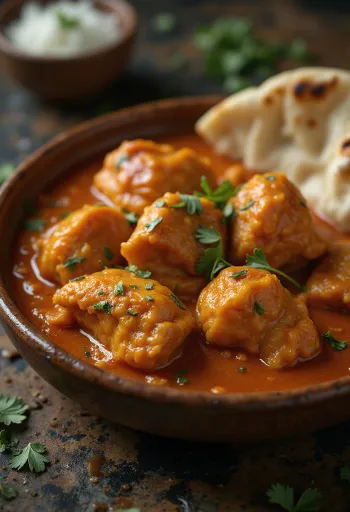 Chicken tikka masala i kremet tomatsaus, pyntet med fersk koriander