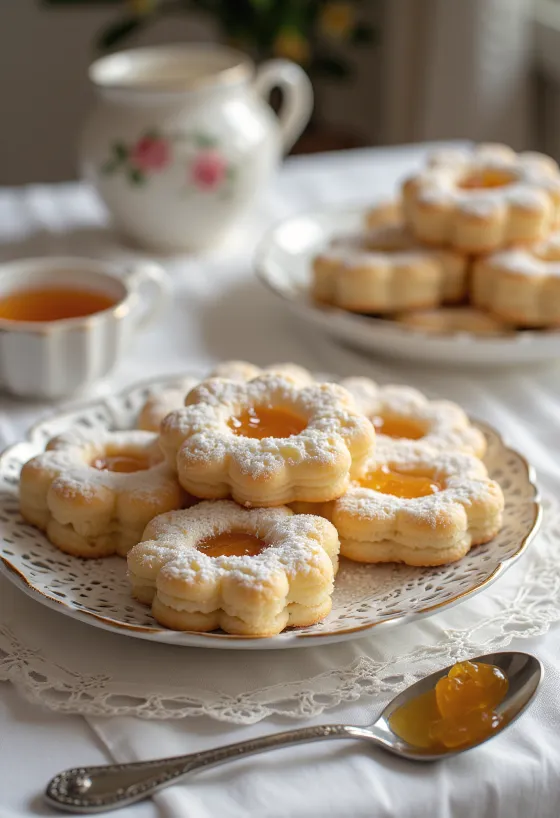 Klassiske linzerkaker med syltetøy, drysset med melis