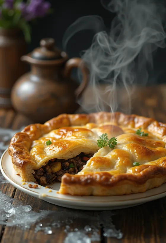 Seal flipper pie servert i en rustikk form med gyllen butterdeig.