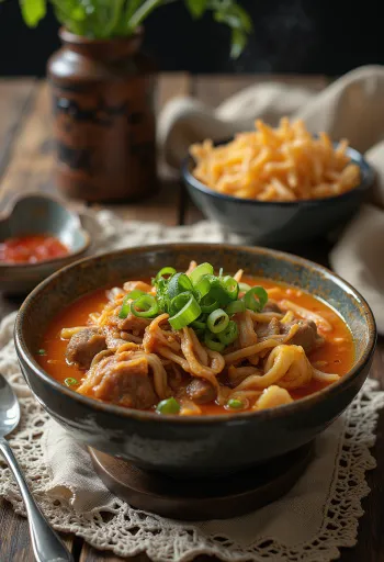 Yukgaejang med stekt ris, servert med storfekjøtt, chili og koriander