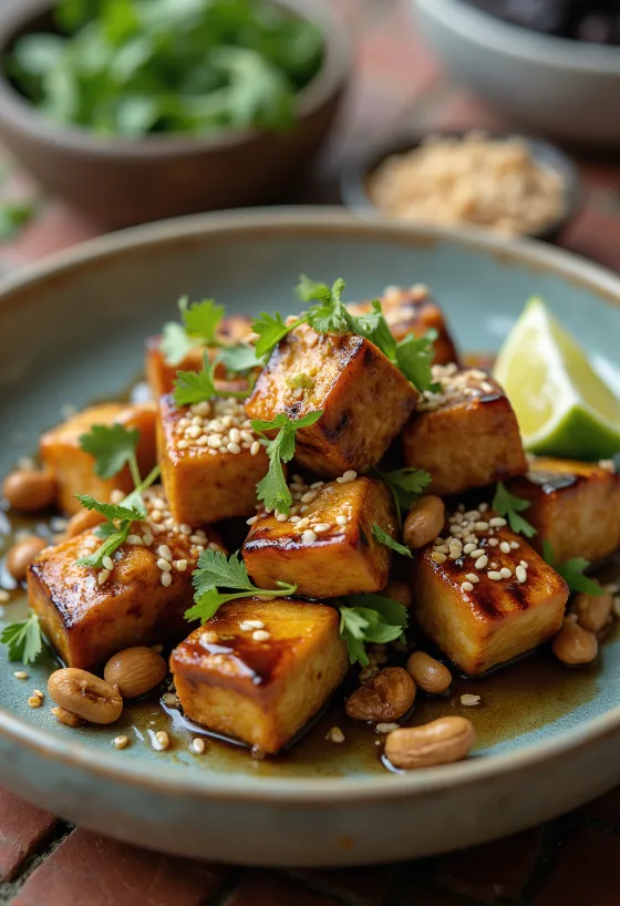 Grillet tofu med ristede peanøtter