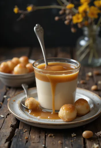 Karamellpudding toppet med pisket krem og pyntet med karamellsaus.