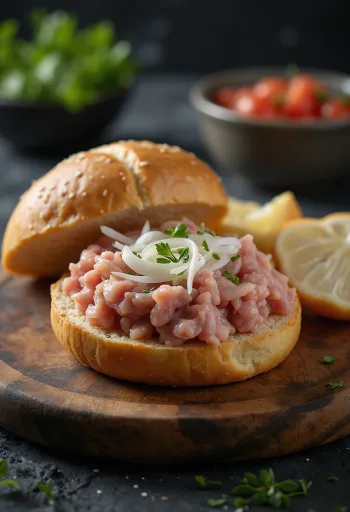 Mettbrötchen, rått svinekjøtt på rundstykke med løk