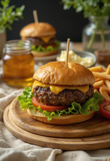 Seal meat burger servert med salat, tomat og majones.