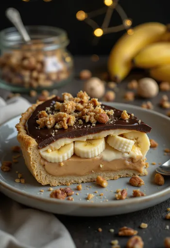 Banan- og peanøttpai pyntet med sjokolade og nøtter