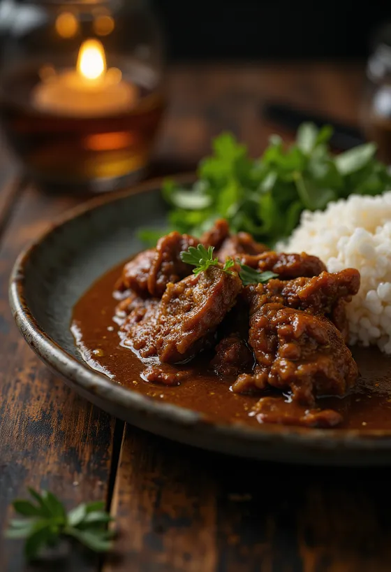 Beef Rendang servert med ris og frisk koriander
