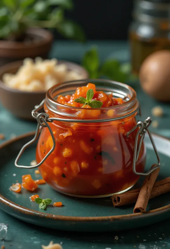 Chili-chutney i glass, rik rødfarget sterk saus