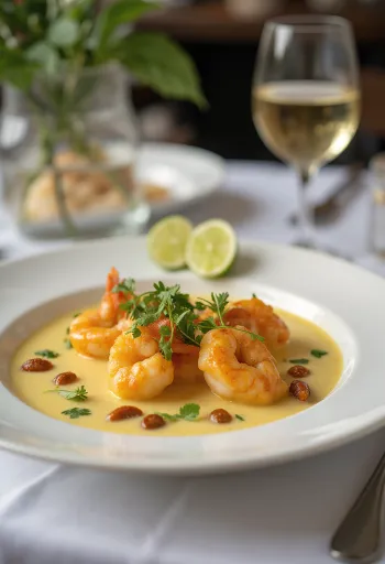 Chingri malai med garam masala, servert med frisk koriander og limejuice