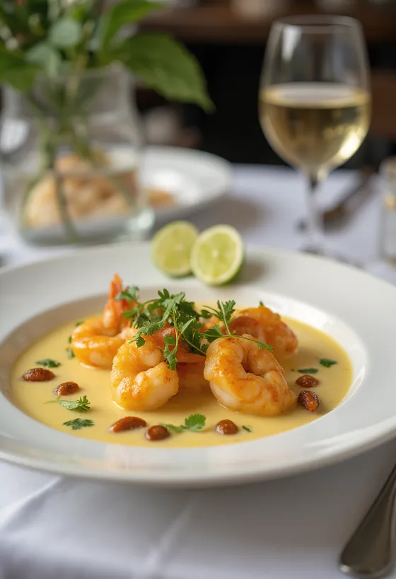 Chingri malai med garam masala, servert med frisk koriander og limejuice