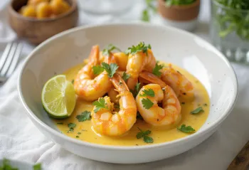 Chingri malai med garam masala, servert med frisk koriander og limejuice