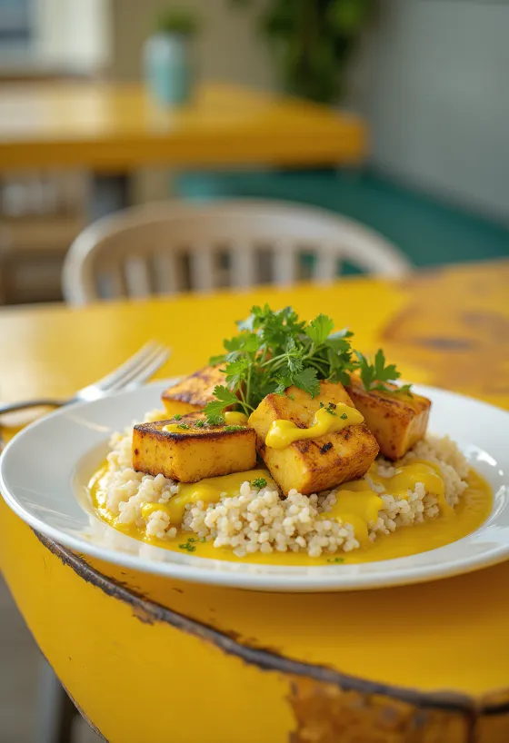 Grillet tofu og quinoa-karri med tahini servert