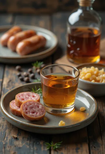 Hjemmelaget pølselikør i flaske, med røkt pølse og krydder ved siden av