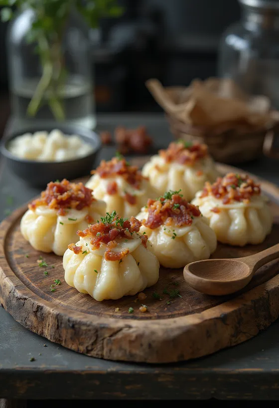 Sztrapacska med bryndza servert med rømme og stekt bacon.