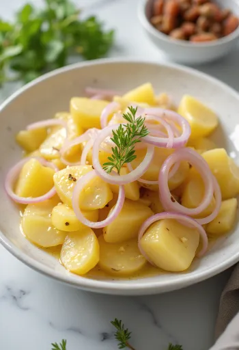 Frisk potetsalat servert med kokte poteter, rødløk og frisk persille.