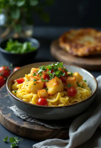 Klassisk Menemen med stekt aubergine, tyrkisk frokost med egg, paprika og tomat