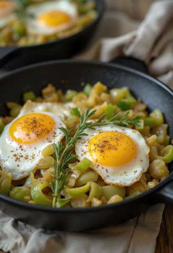 Prebiotisk panne med purre og egg med rømme, pyntet med frisk persille