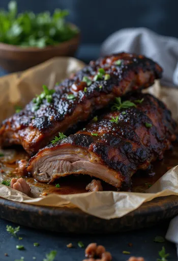 Røkte bøffelribber servert på et rustikk fat med barbecuesaus.