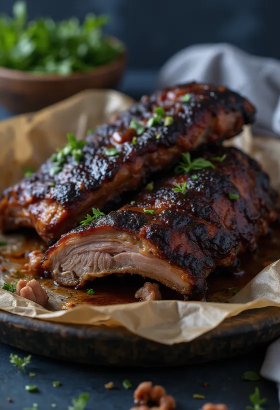 Røkte bøffelribber servert på et rustikk fat med barbecuesaus.