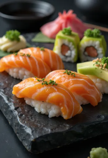 Sushi servert med soyasaus og ingefær