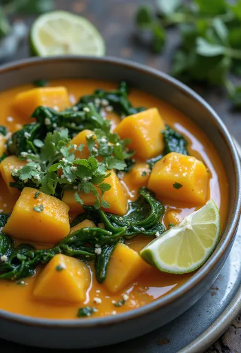 Gresskarcurry med spinat servert