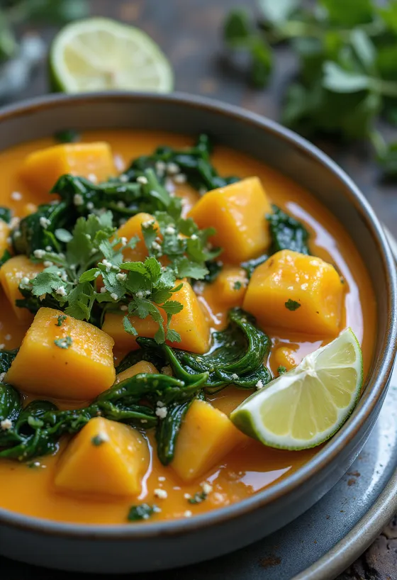 Gresskarcurry med spinat servert