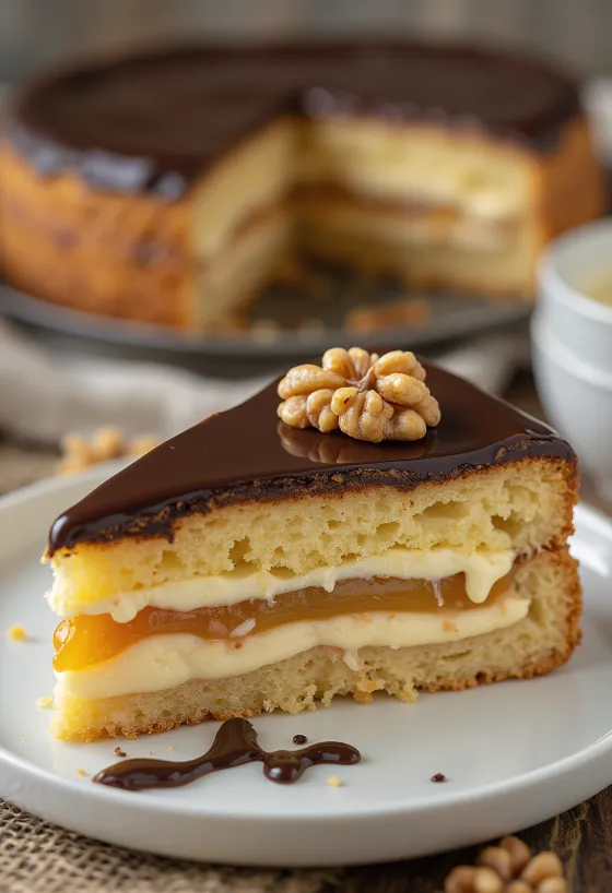 Lagkake med valnøtt og sjokolade i snitt