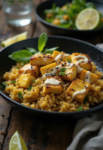 Tofu- og quinoawok med karri-tahini servert