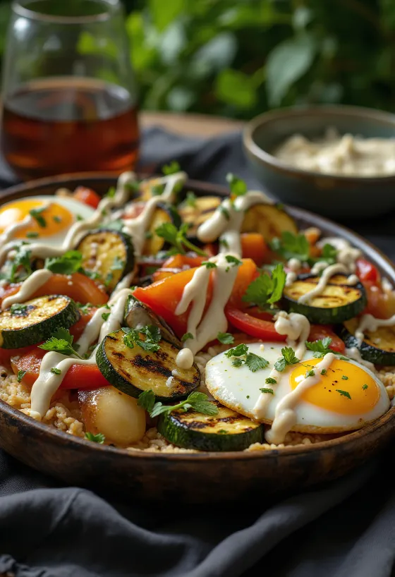 Grillede grønnsaker med tahinidressing, pyntet med persille