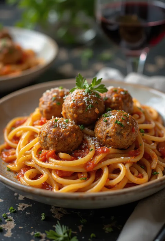 Kjøttboller i tomatsaus servert med spaghetti