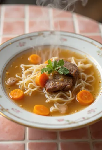 Kjøttsuppe servert med ferske grønnsaker og pasta