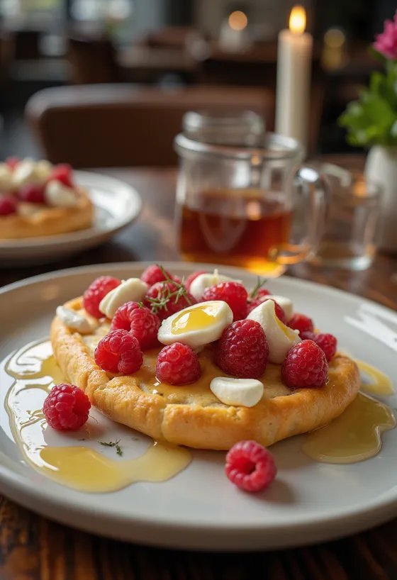 Focaccia med bringebær og mascarpone servert