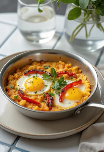 Klassisk Menemen med stekt paprika, tyrkisk frokost med egg, paprika og tomat