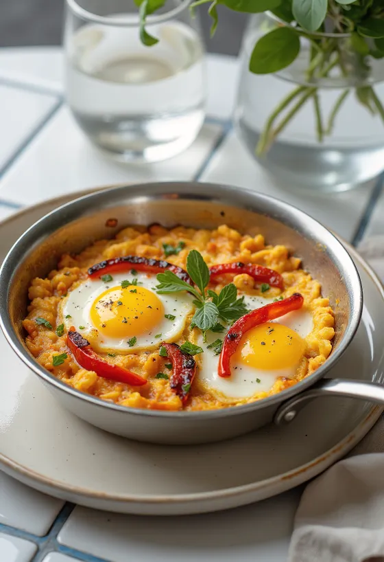 Klassisk Menemen med stekt paprika, tyrkisk frokost med egg, paprika og tomat