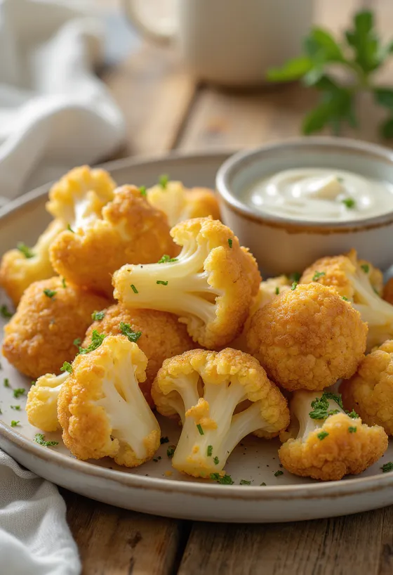 Panert blomkål stekt gyllenbrun, servert i sprø panering