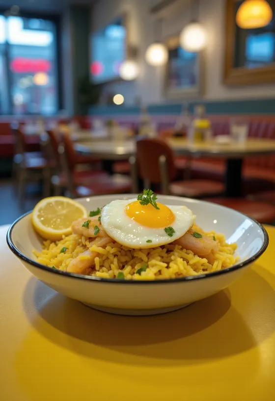 Smoked haddock kedgeree servert i en skål med egg og persille.