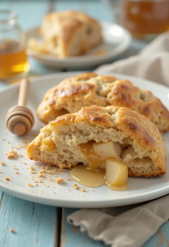 Scones med bakt eple og honning servert