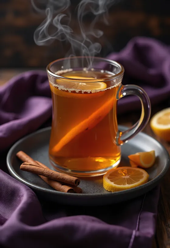 Hot Toddy drikk pyntet med kanelstang og sitronskive