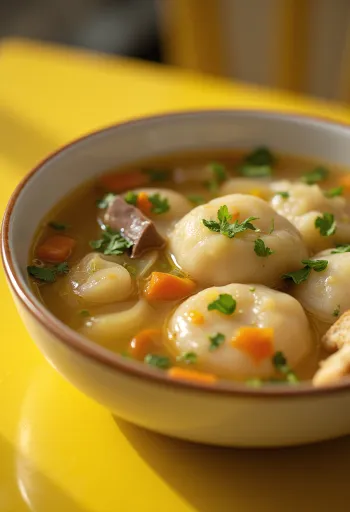 Tradisjonell leverbollesuppe, servert med grønnsaker og persille.