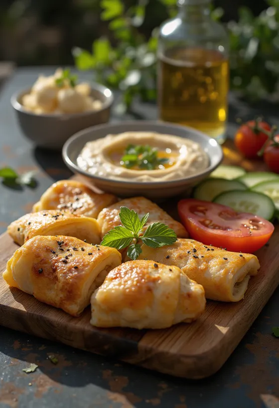 Friskt meze-fat med börek, hummus, fetaost og grønnsaker
