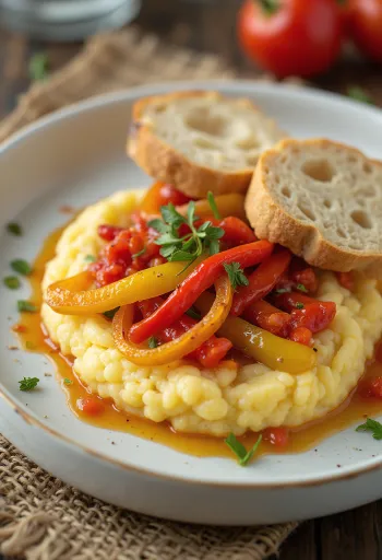 Kremet polenta servert med bakt rød paprika, dryppet med hvitløksolje