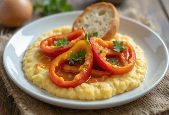 Kremet polenta servert med bakt rød paprika, dryppet med hvitløksolje