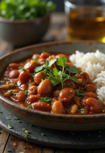Rajma curry servert i en fargerik skål, med rike krydder og røde kidneybønner