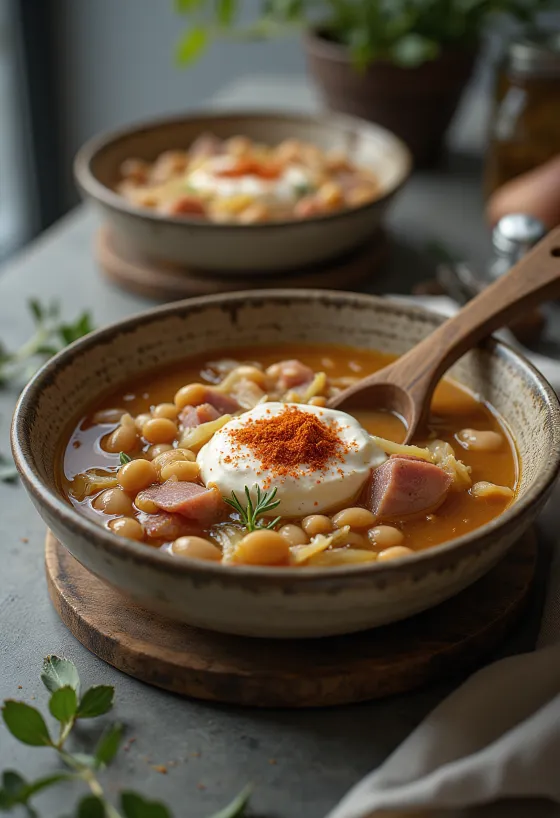 Bønnesuppe med surkål, røkt kjøtt og ferske urter servert