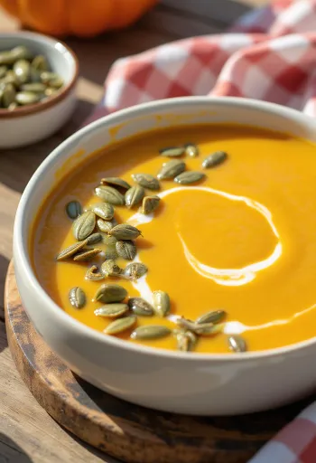 Gresskarsuppe med ristede kjerner servert