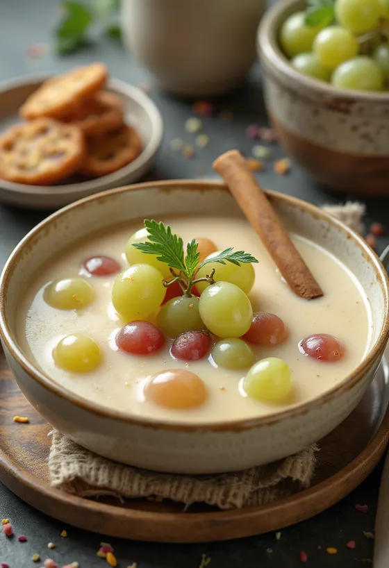 Svalende druesuppe pyntet med friske druer og mynte