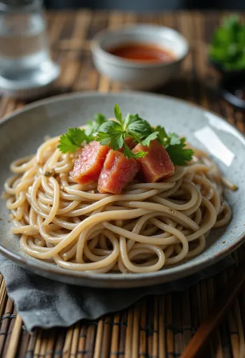 Zaru soba med tunfisk, servert med sesamfrø og vårløk
