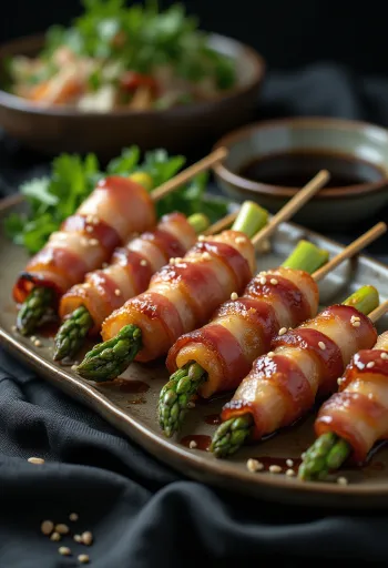 Asparges bacon yakitori - asparges rullet i bacon med friske grønnsaker